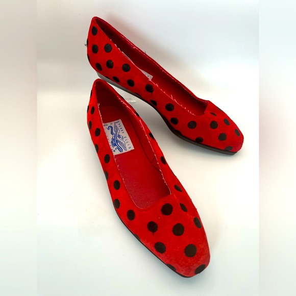 Vtg Perry Ellis America Red & Black Polka Dot Suede Flats Ladies 5.5 Ladybug - Picture 1 of 8